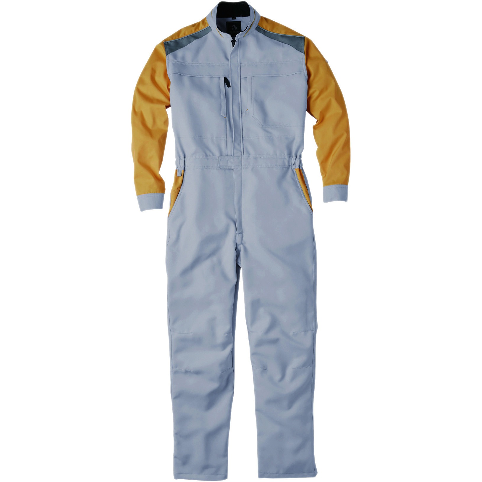 1580 1580 長袖ストレッチツナギ ROUND ONI グレー/イエロー色 着丈58cm袖丈68cm