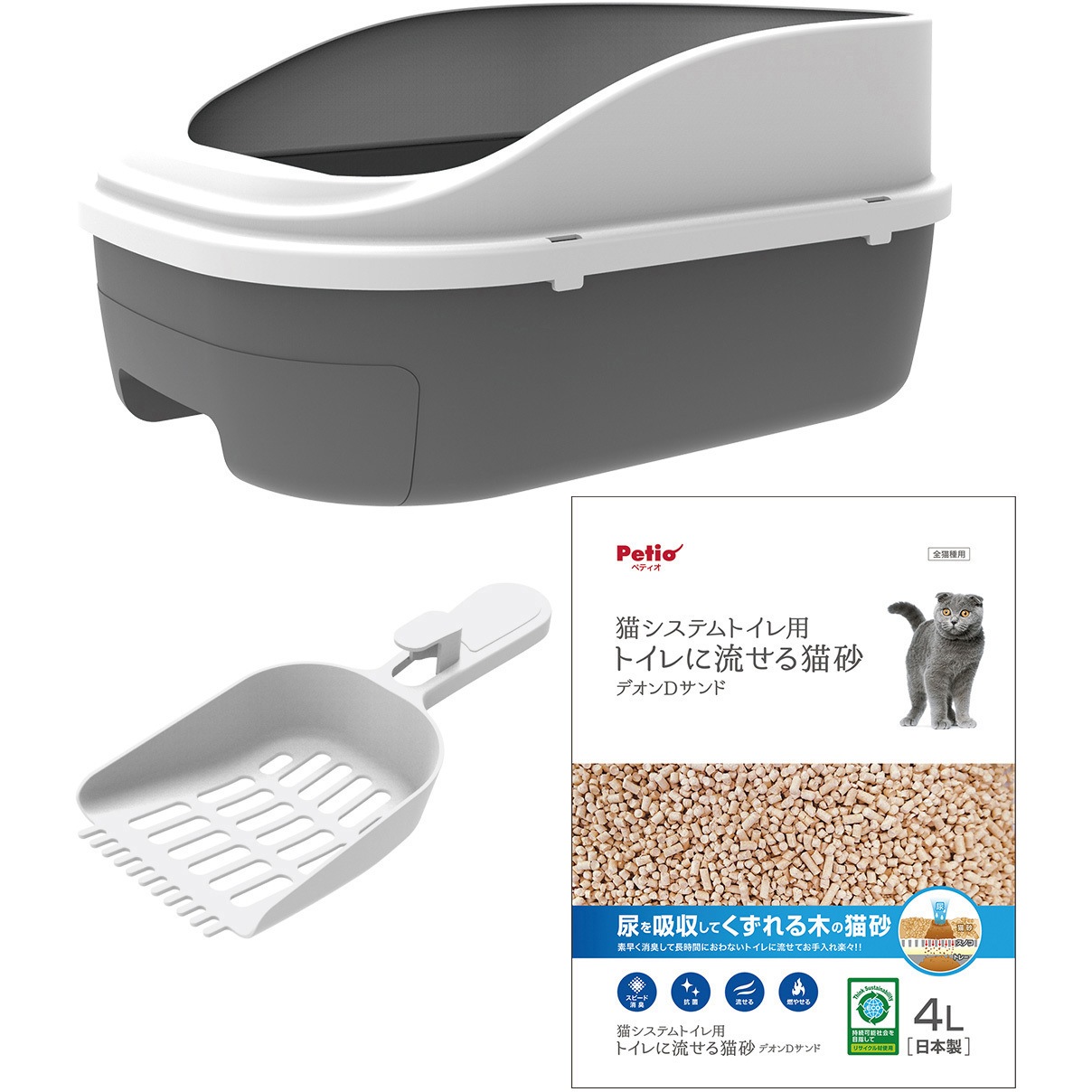 W26220 システムトイレセット トイレに流せる猫砂 デオンDサンド入 1セット Petio 【通販モノタロウ】