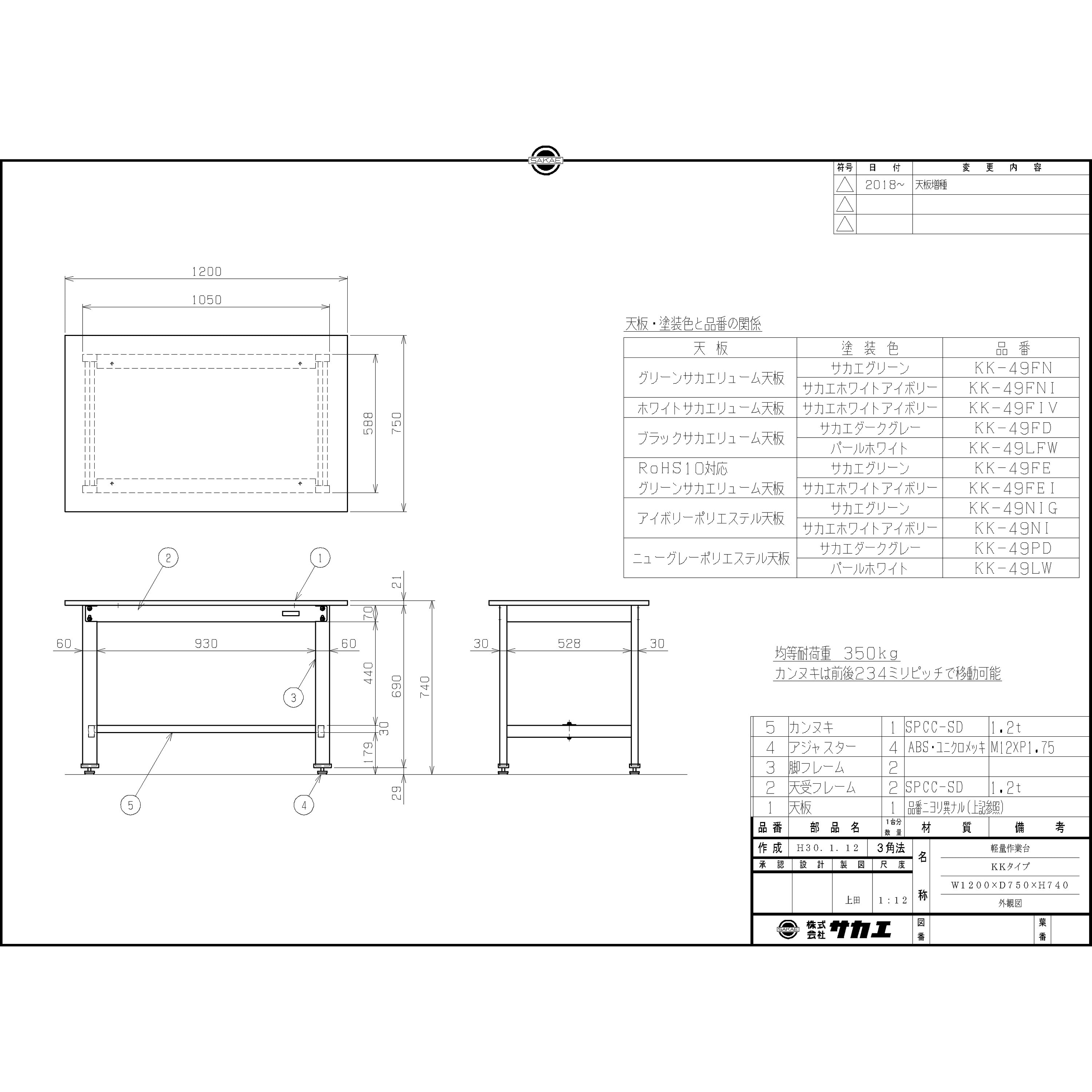 軽量作業台 ダークグレー(KK/350kg/サカエリューム天板/H740/固定式) グリーン購入法:適合 スチール 間口1200mm奥行750mm  KK-49FD