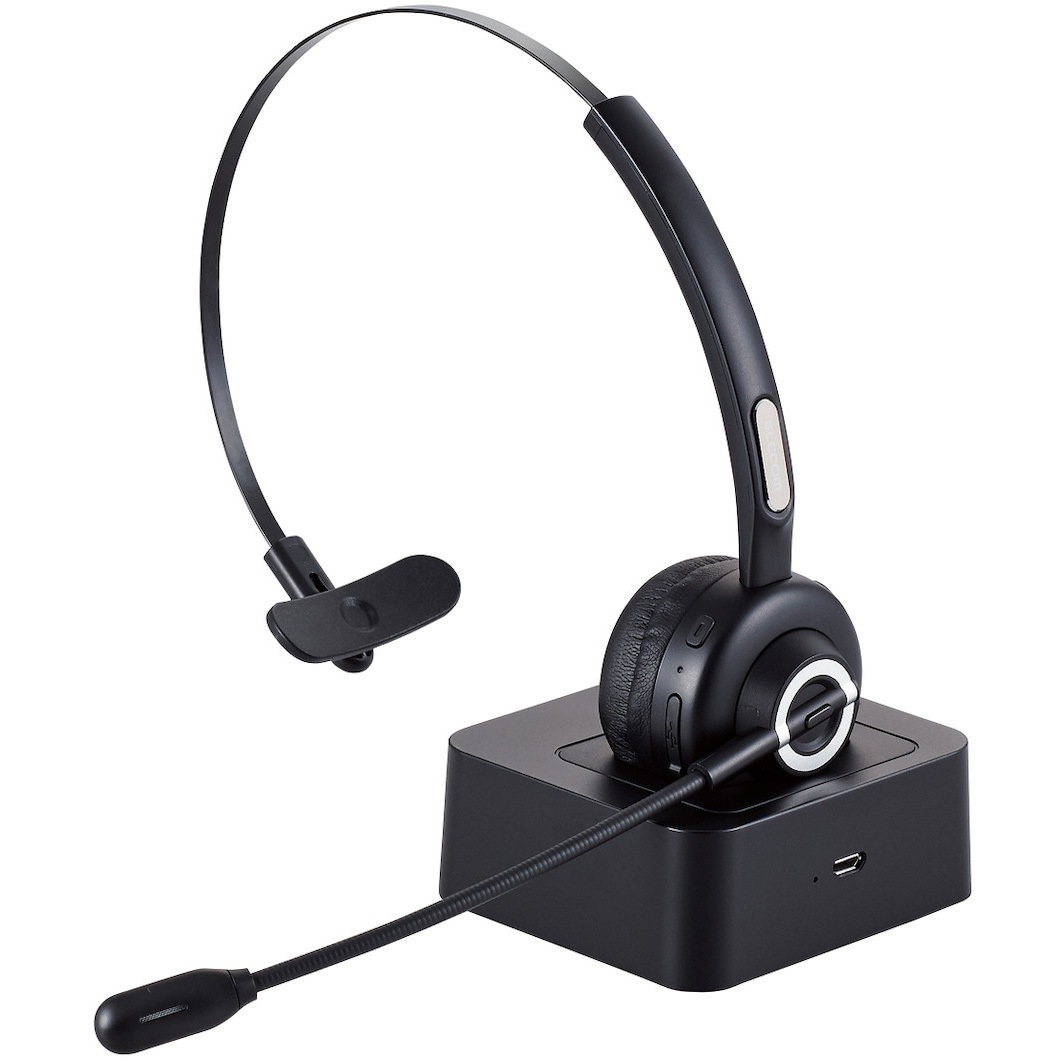 LBT-HSOH14BK ヘッドホン ヘッドセット マイク付き 無線 Bluetooth ワイヤレス 片耳 オーバーヘッドタイプ 充電スタンド付き 単一指向性  【 iPhone Android スマホ Windows PC 等対応 】 ブラック 1個 エレコム 【通販モノタロウ】