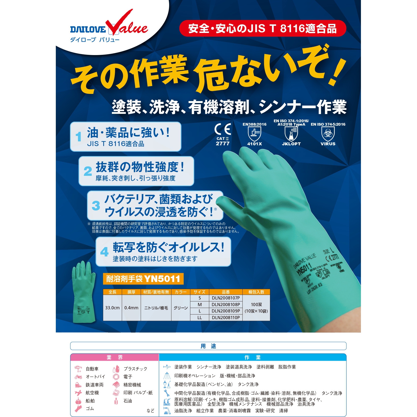 DVYN5011-M ダイローブバリュー 耐溶剤手袋 YN5011 DAILOVE 厚さ
