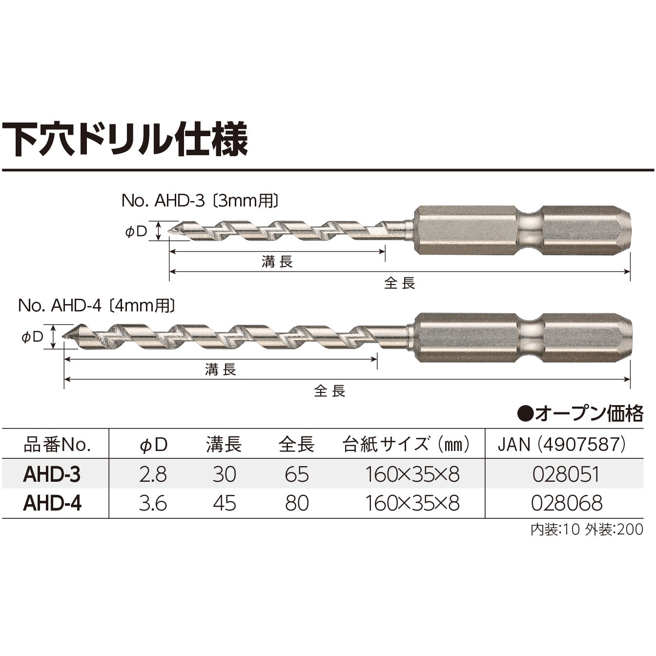 AHD-3 下穴ドリル ベッセル 刃径2.8mmシャンク径6.35mm全長65mm AHD-3