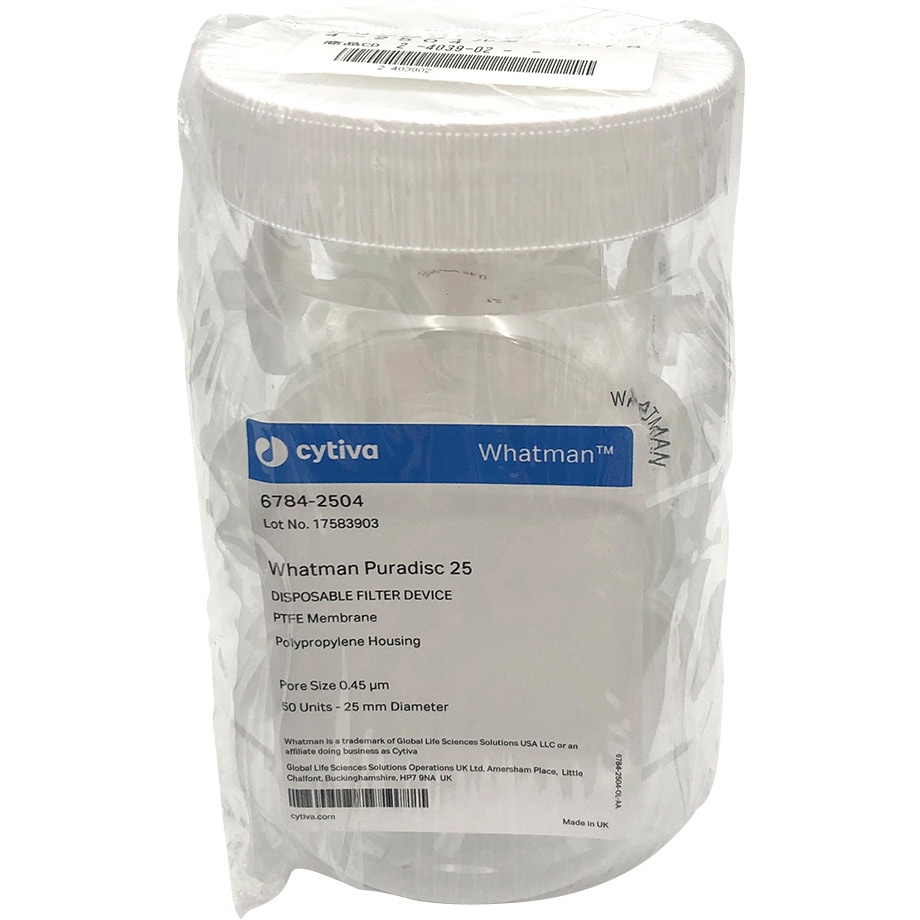6784-2504 シリンジフィルタ(プラディスク25・有機溶剤用) Whatman(ワットマン) 容量100mL メンブレンPTFE 穴径0.45μm 1ケース(50個) 6784-2504