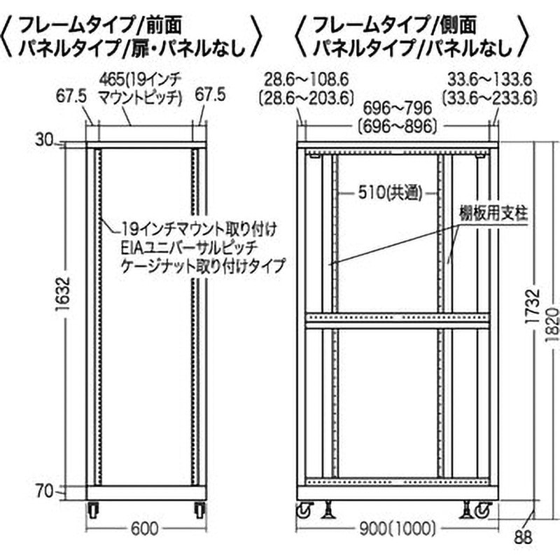 CP-SVN3690NPGYN 19インチサーバーラック パネルなしタイプ サンワサプライ 耐荷重500kg 間口600mm 1台 CP-SVN3690NPGYN
