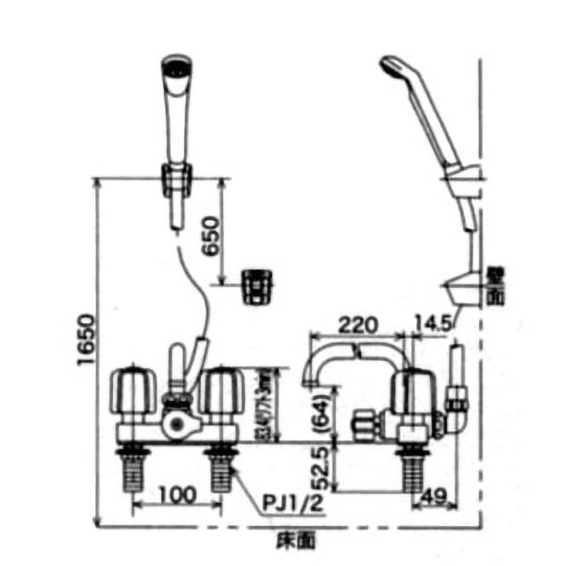 KF12E デッキ形2ハンドルシャワー(取付ピッチ100mm) KVK 浴室用 エコこま水栓 吐水口長さ220mm取付穴径22～25mm KF12E  - 【通販モノタロウ】