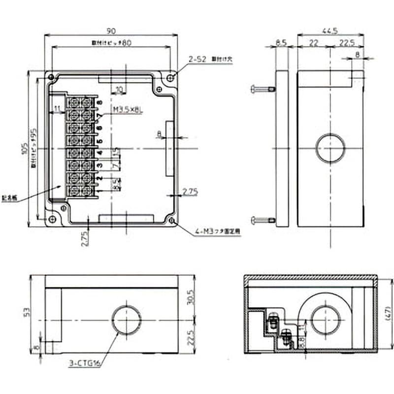BOXTM-802 BOXTMシリーズ 東洋技研 AC/DC600V 15A 外形寸法(幅