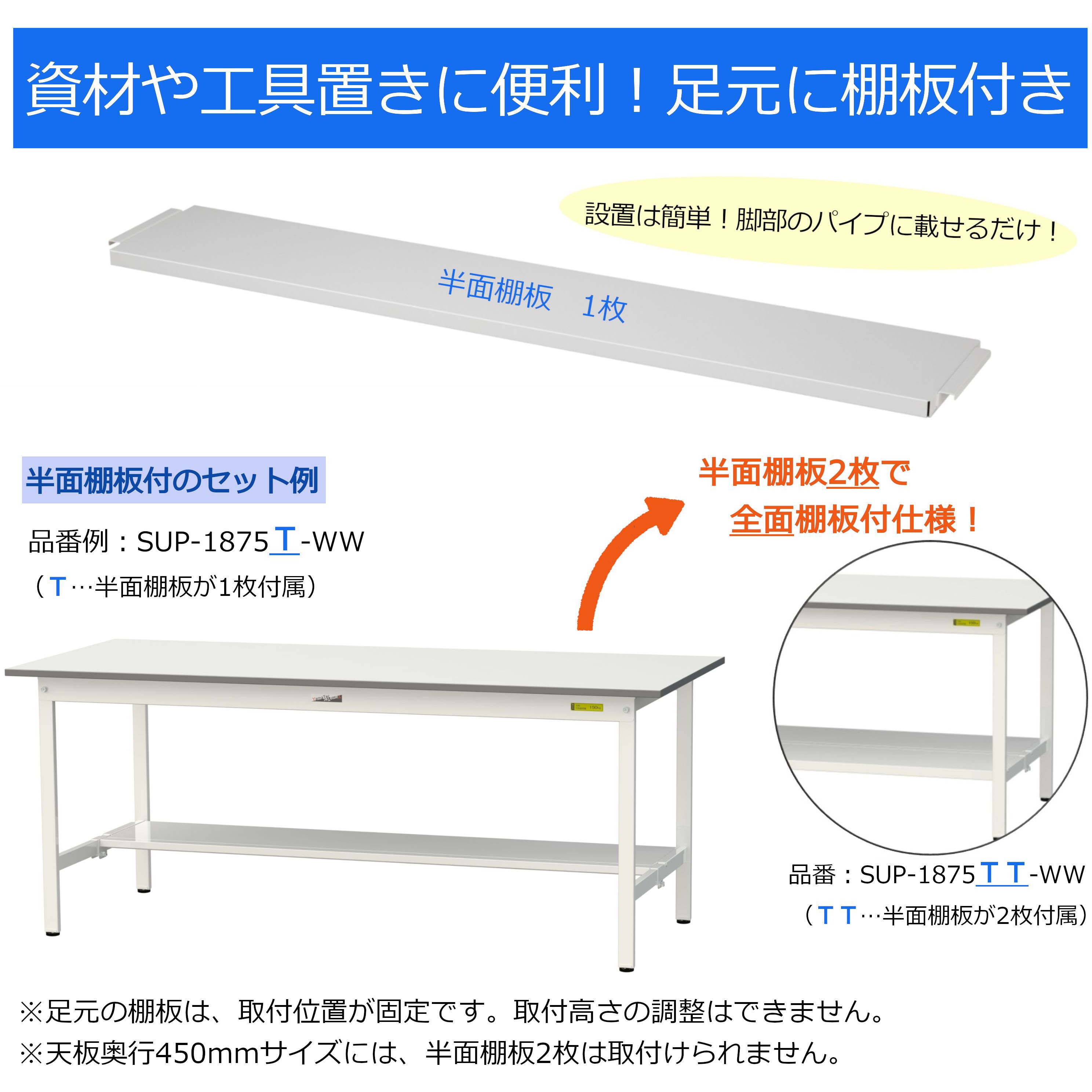SUP-1590T-WW 軽量作業台/耐荷重150kg_固定式_半面棚付_ワークテーブル