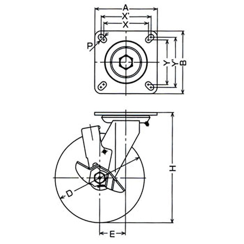 519HPS-CR200 519HPS重量用キャスター・自在車ストッパー付(イモノホイール・ゴム車) ハンマーキャスター ユニクロメッキ仕上 平付旋回 車輪径200mm