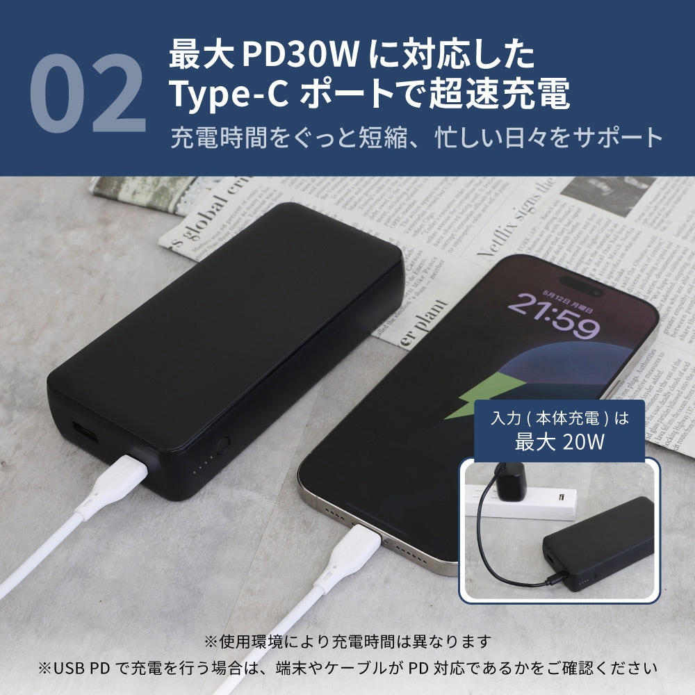 OWL-LPB20016-BK PD30W対応 20000mAhモバイルバッテリー OWLTECH