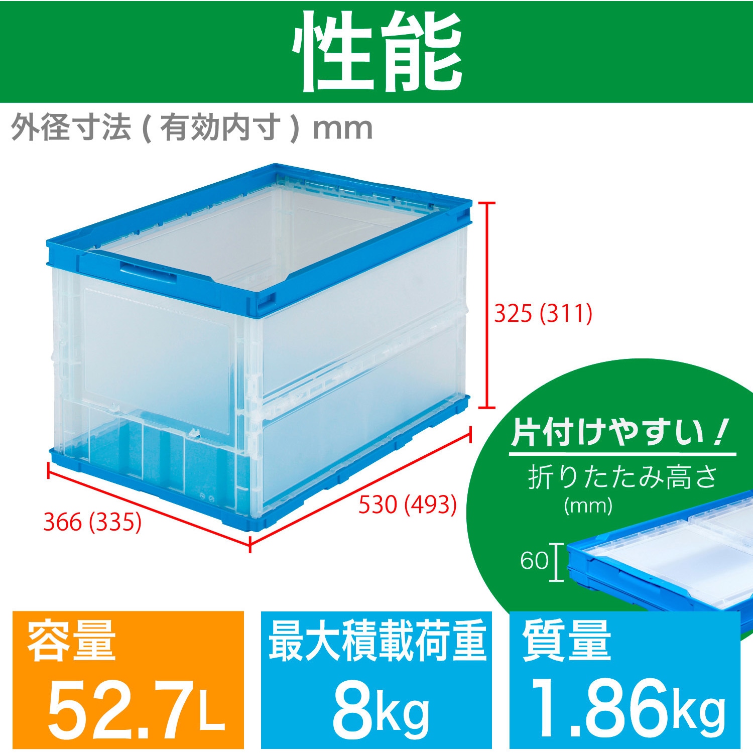 TR-O50B 薄型折りたたみコンテナ(フタなし) TRUSCO 容量52.7L 半透明色