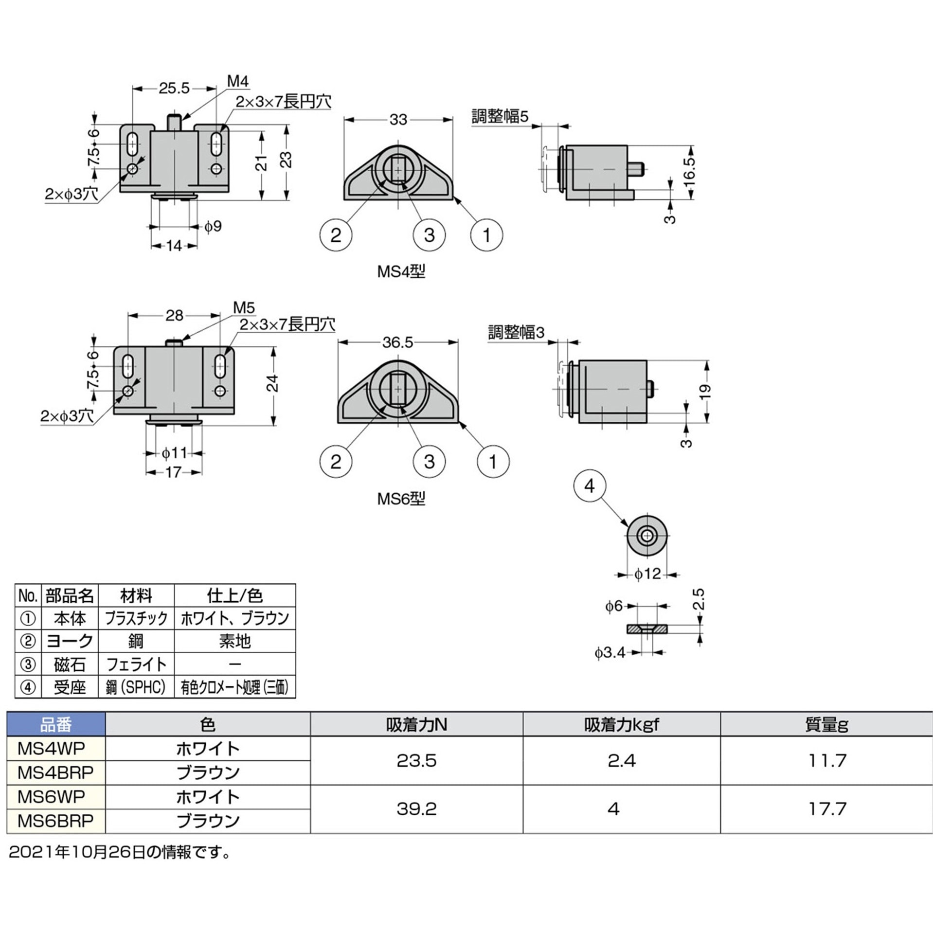 MS4BRP マグネットキャッチ MS型 LAMP(スガツネ工業) 標準タイプ