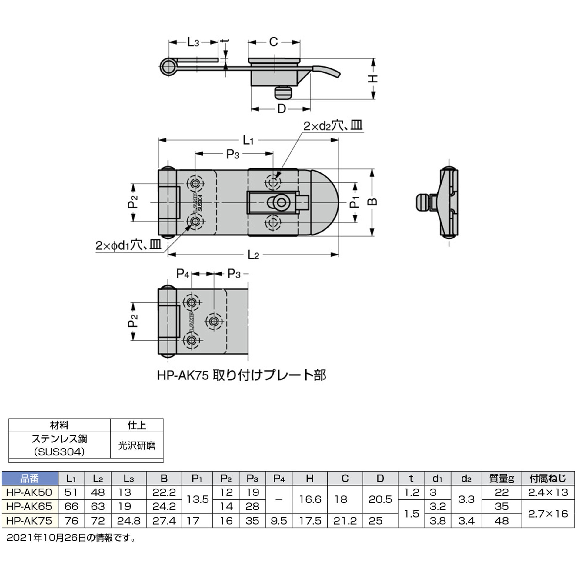 HP-AK50 ステンレス鋼製 ワンタッチ解錠掛け金 HP-AK型 1個 LAMP