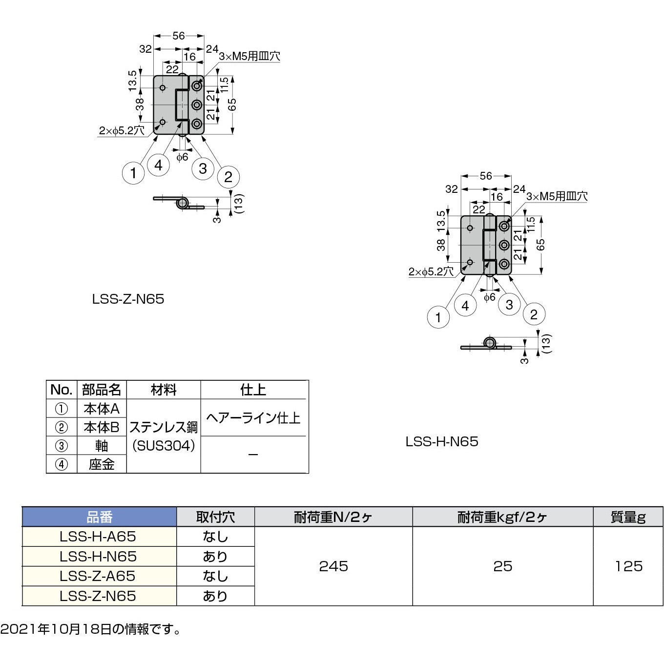 LSS-H-N65 ステンレス鋼製平丁番 LSS型 LAMP(スガツネ) 平行形