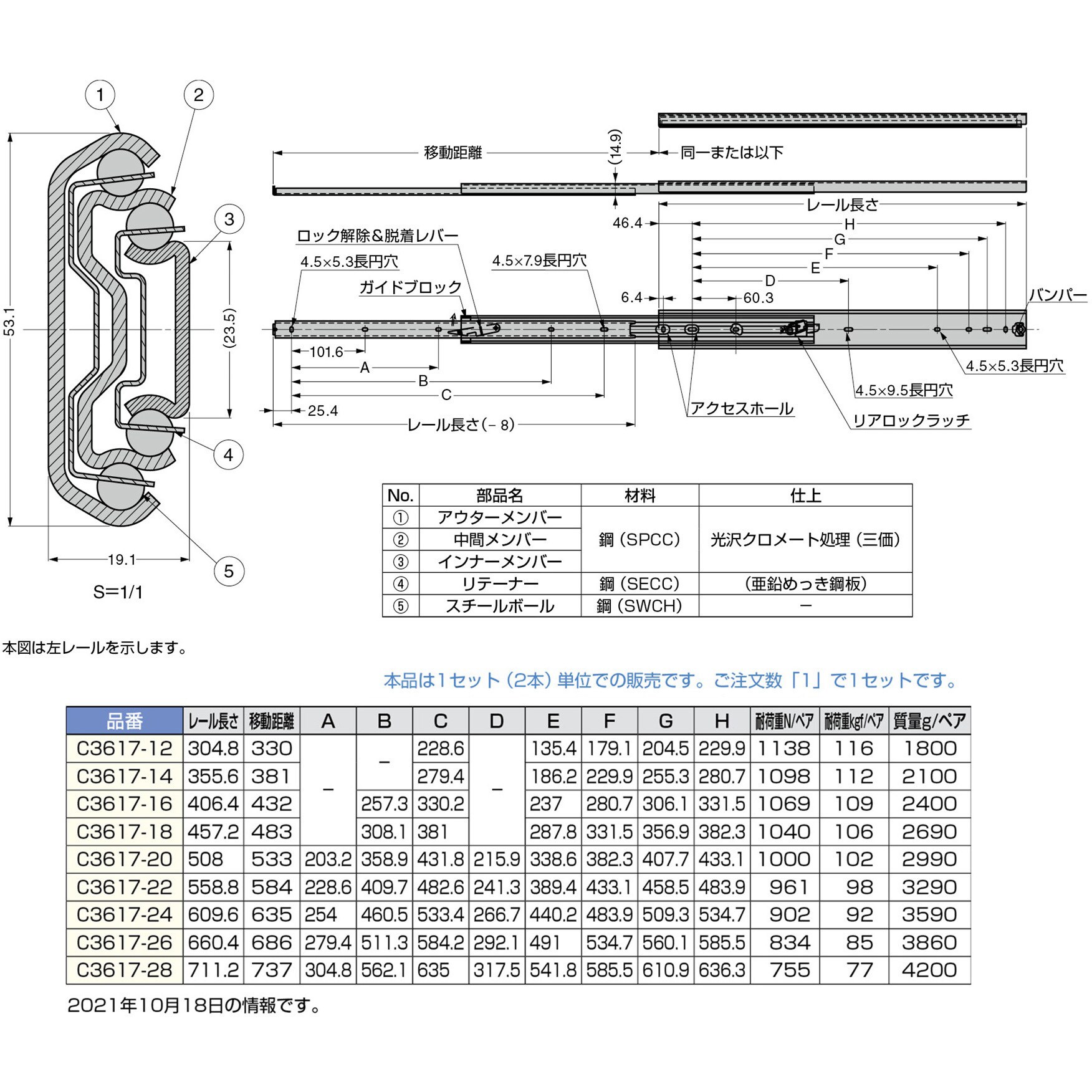 ランプ印アキュライドスライドレール Ｃ３２２－２６【スガツネ工業】-