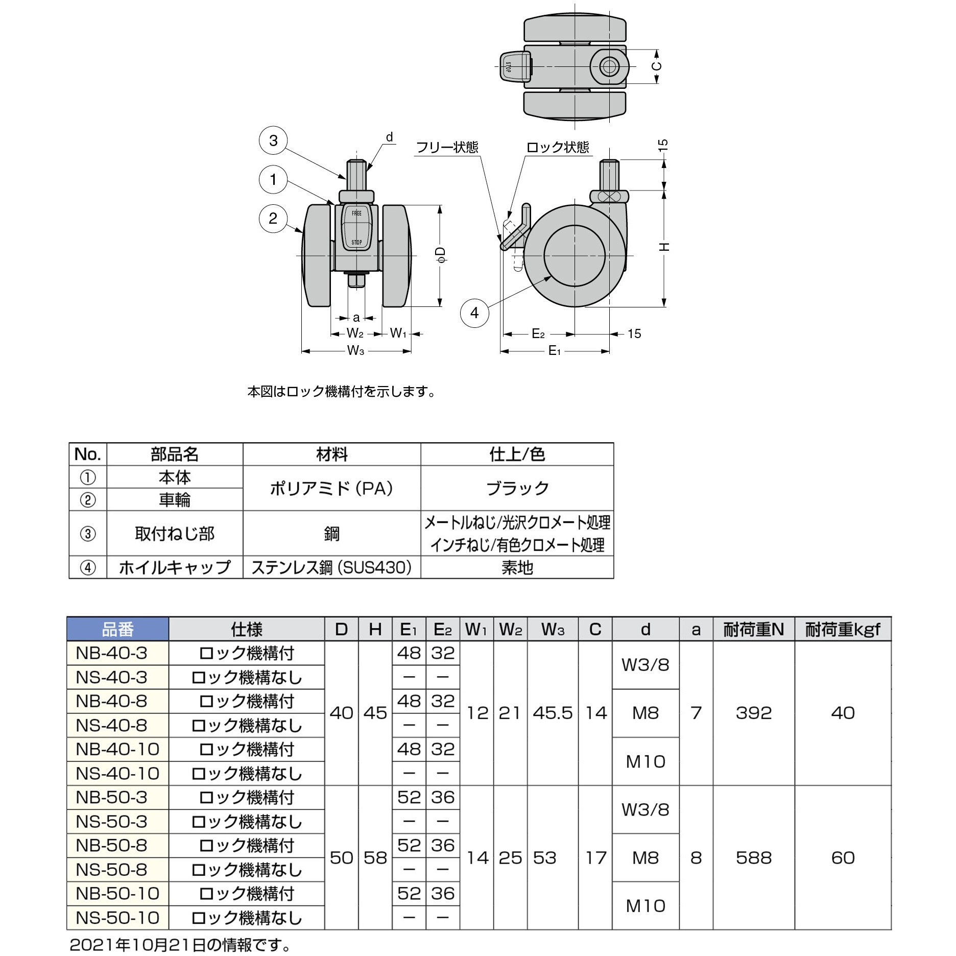 NB-40-10 キャスター NB型 LAMP(スガツネ工業) 樹脂車輪 双輪 ねじ込み