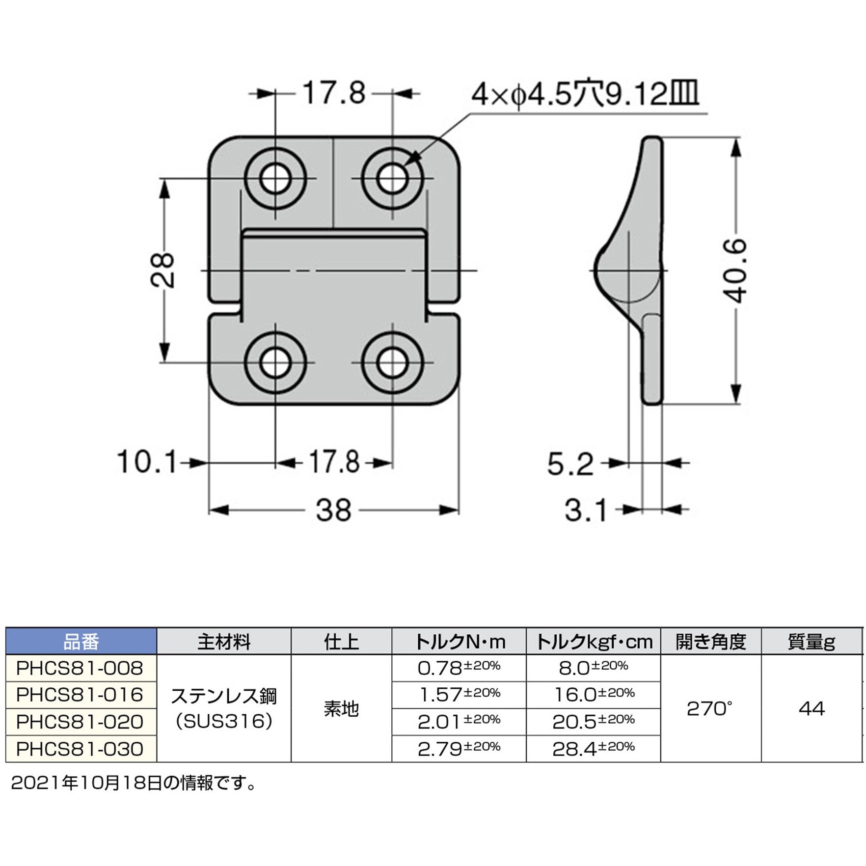 PHCS81-030 REELL トルクヒンジ PHCS型 LAMP(スガツネ工業) 長さ