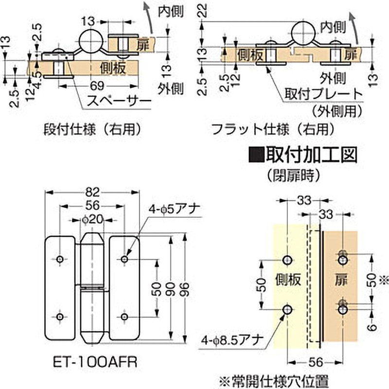 ET-100ADR 丁番 ET-100A型 LAMP(スガツネ工業) 横82mm縦90mm 1セット(3個)