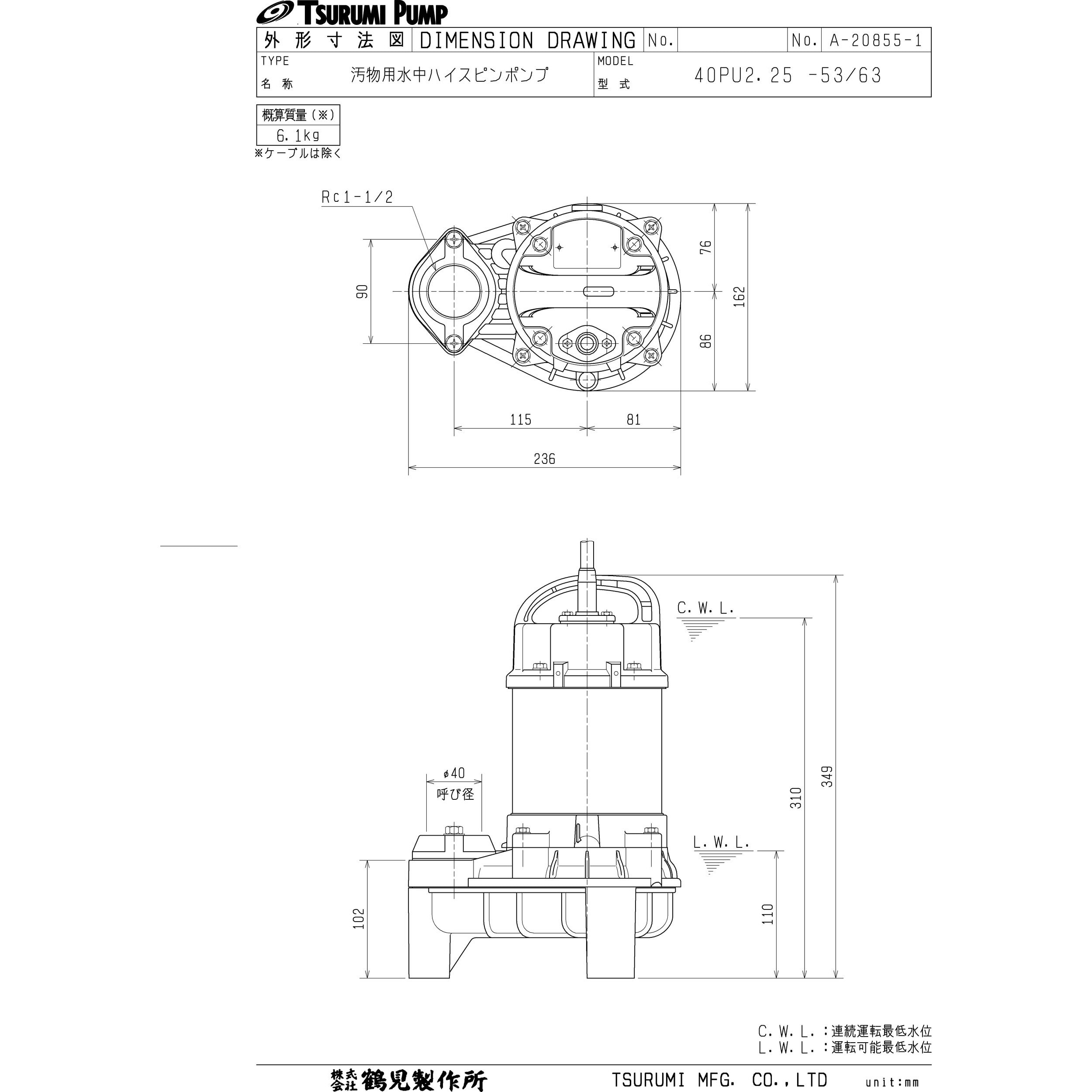 汚物用水中ハイスピンポンプ (バンクスシリーズ) PU型 三相200V 非自動形 吐出口径40mm