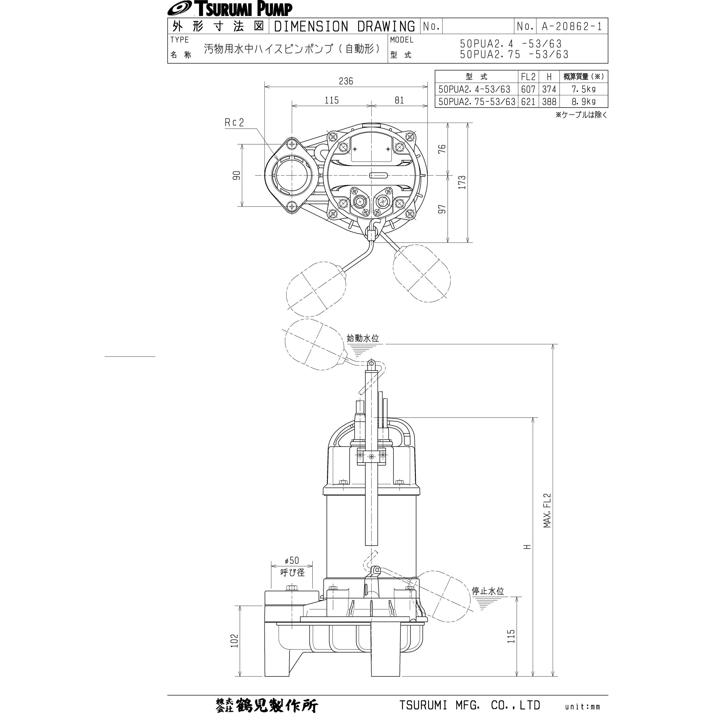 50PUA2.75 汚物用水中ハイスピンポンプ (バンクスシリーズ) PU型 鶴見製作所 三相200V 自動形 吐出口径50mm - 【通販モノタロウ】