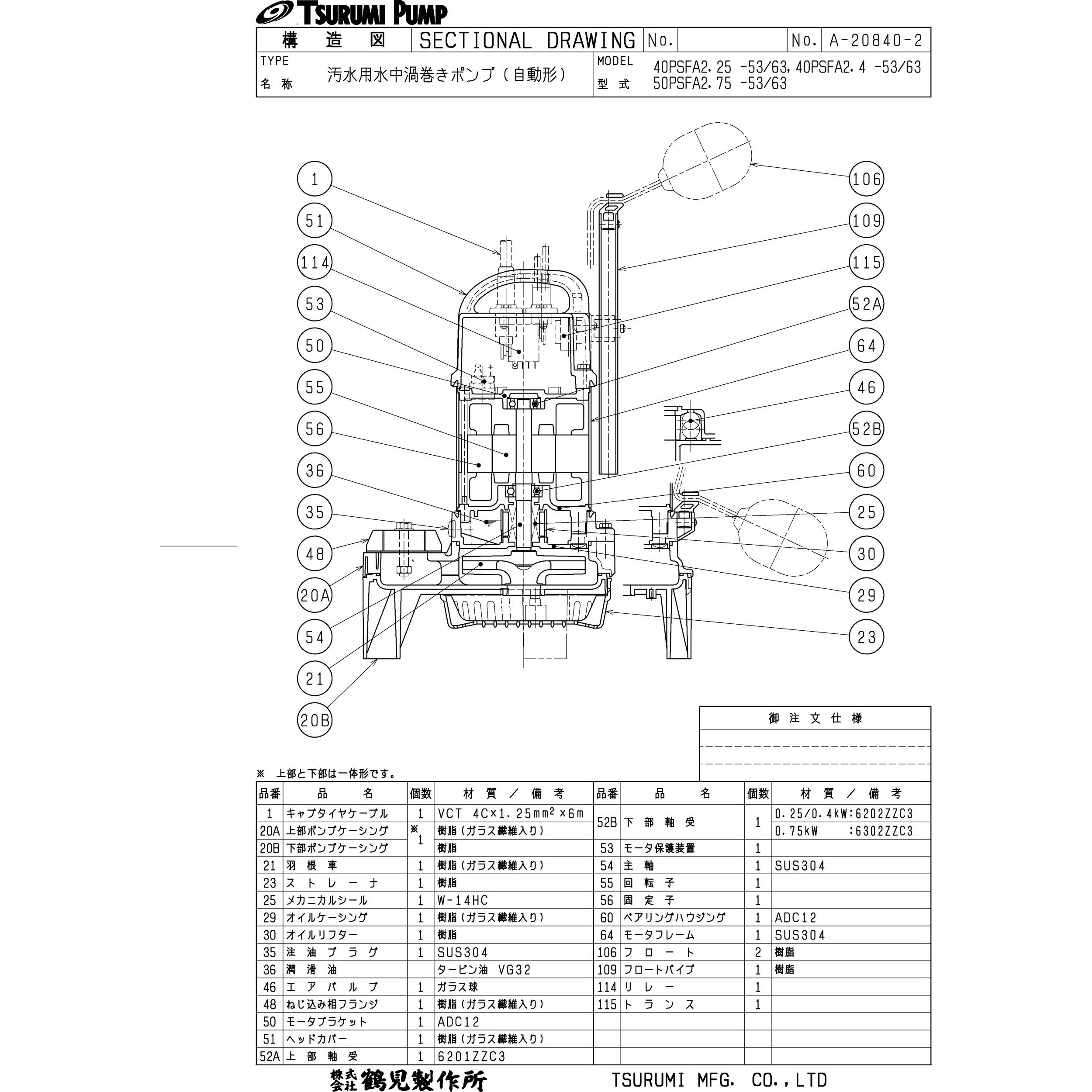 50PSFA2.75 汚水用水中渦巻きポンプ (バンクスシリーズ) PSF型 鶴見