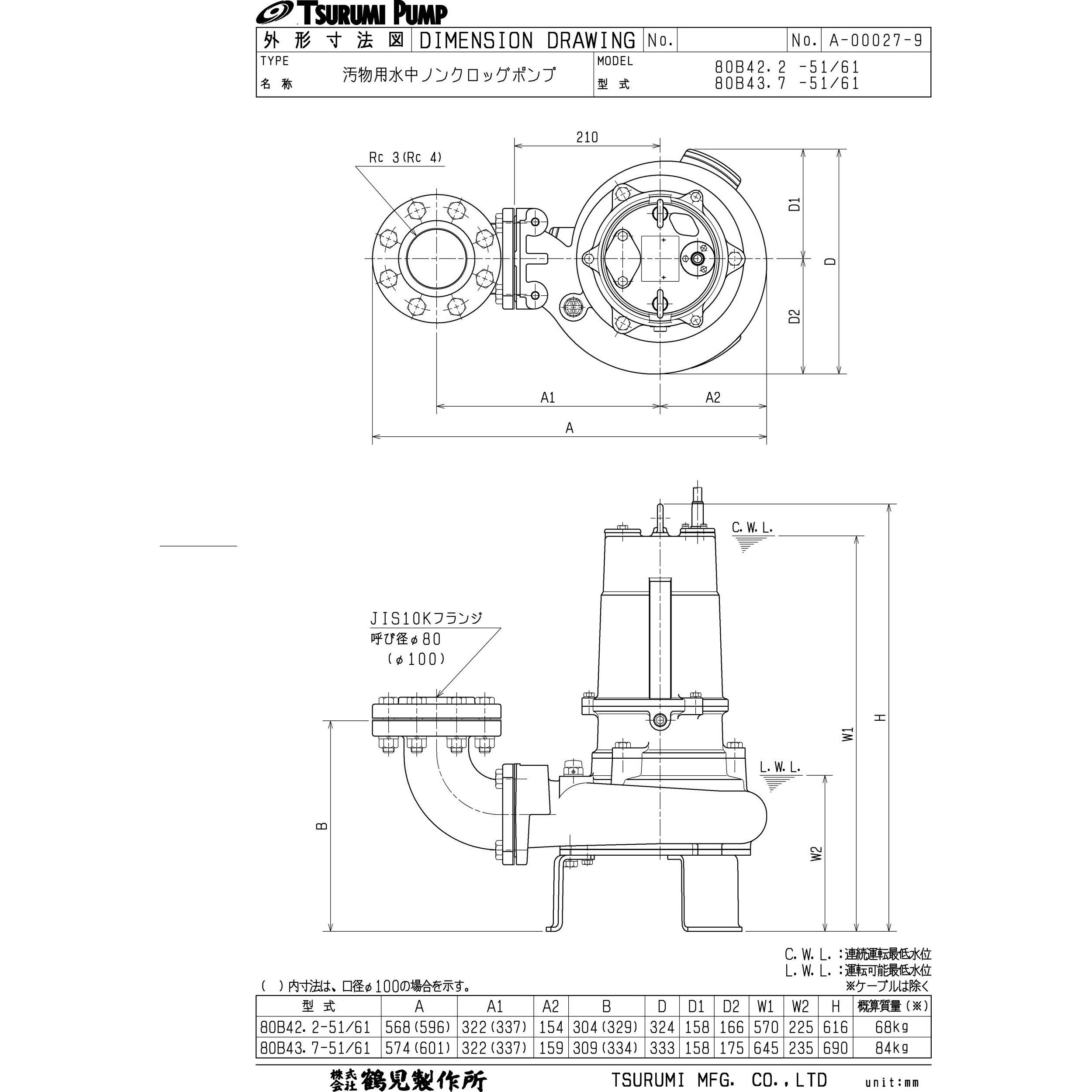 ツルミポンプ 鶴見製作所(ツルミポンプ) 水中ノンクロッグポンプ 80B42