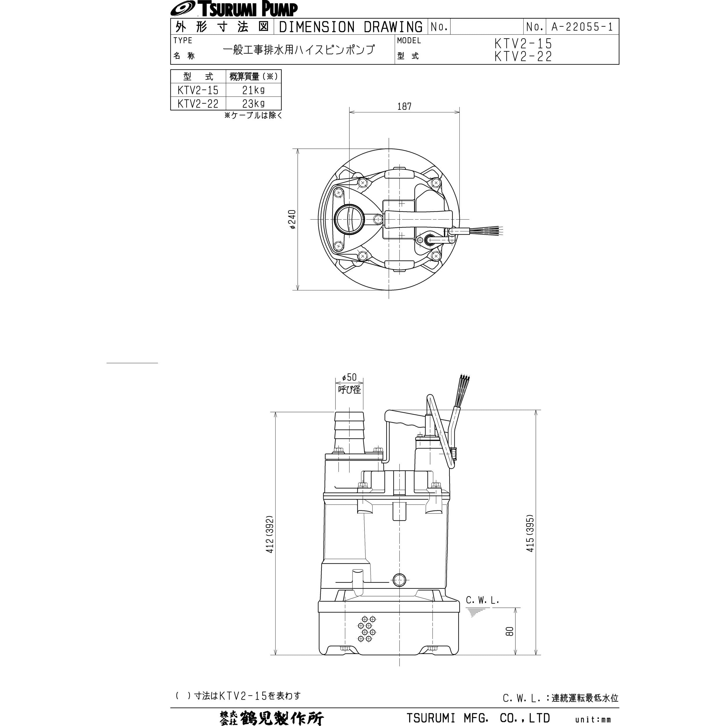 KTV2-22 一般工事排水用水中ハイスピンポンプ・ サンド用水中泥水ポンプ KTV型 鶴見製作所 非自動形 200/220V 吐出口径50mm -  【通販モノタロウ】