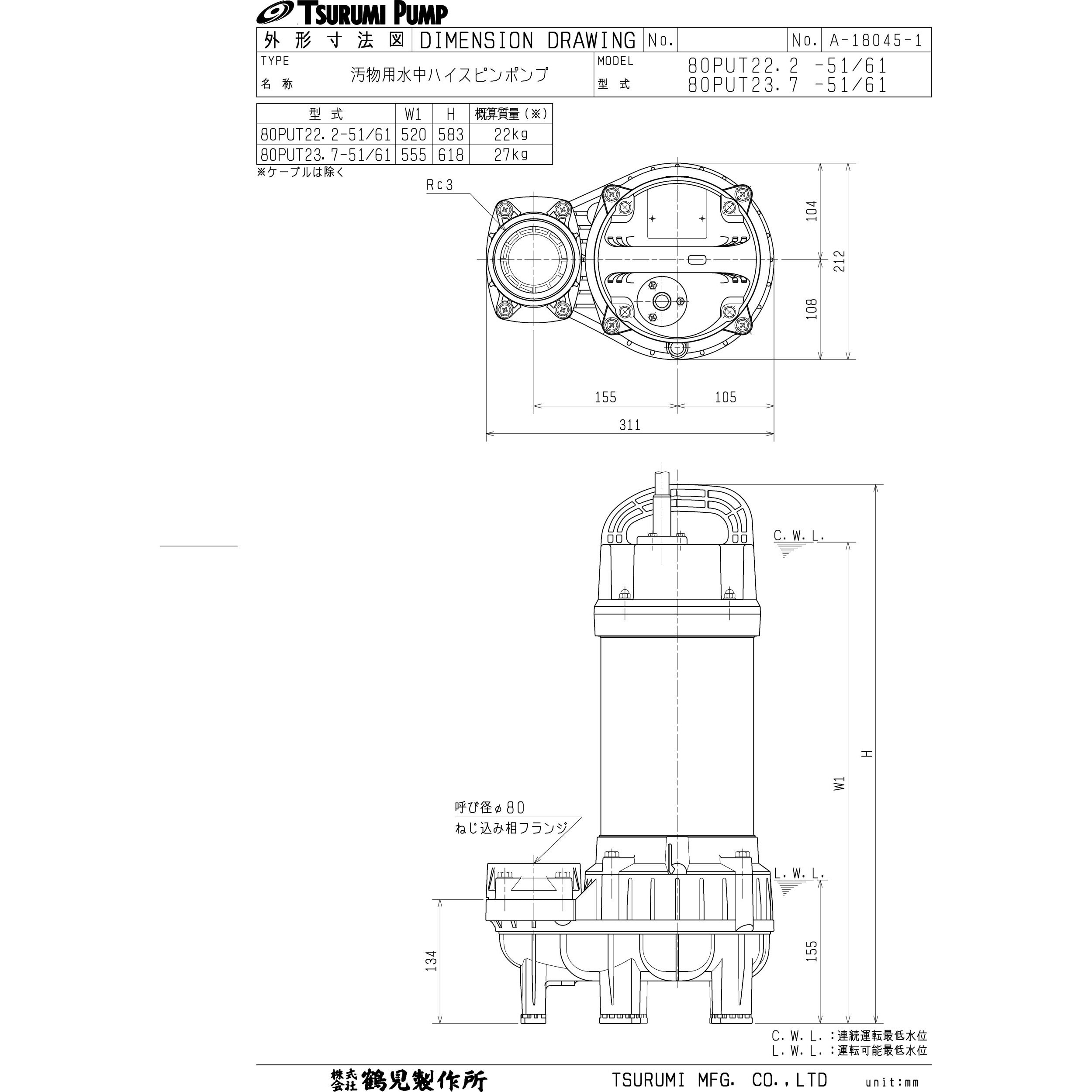 80PUT23.7 汚物用水中ハイスピンポンプ (バンクスシリーズ) PUT 80PUT23.7 汚物用水中ハイスピンポンプ (バンクスシリーズ) PUT