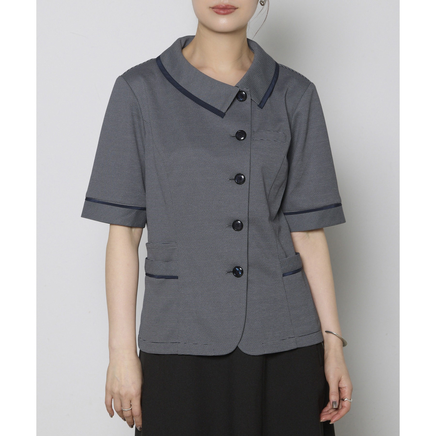 AJ0859 ジャケット BONOFFICE ブルーグレイ色 モイステックスボーダー 19G着丈59cm