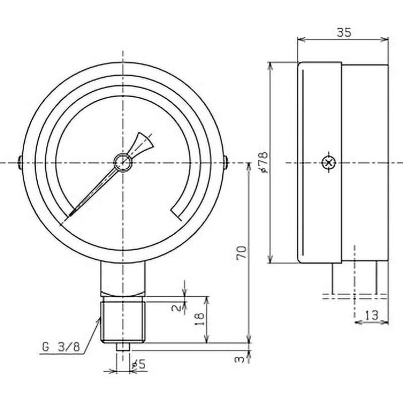 AT3/8x75x0.5MPa 汎用圧力計(スターゲージΦ75) 1台 右下精器製造