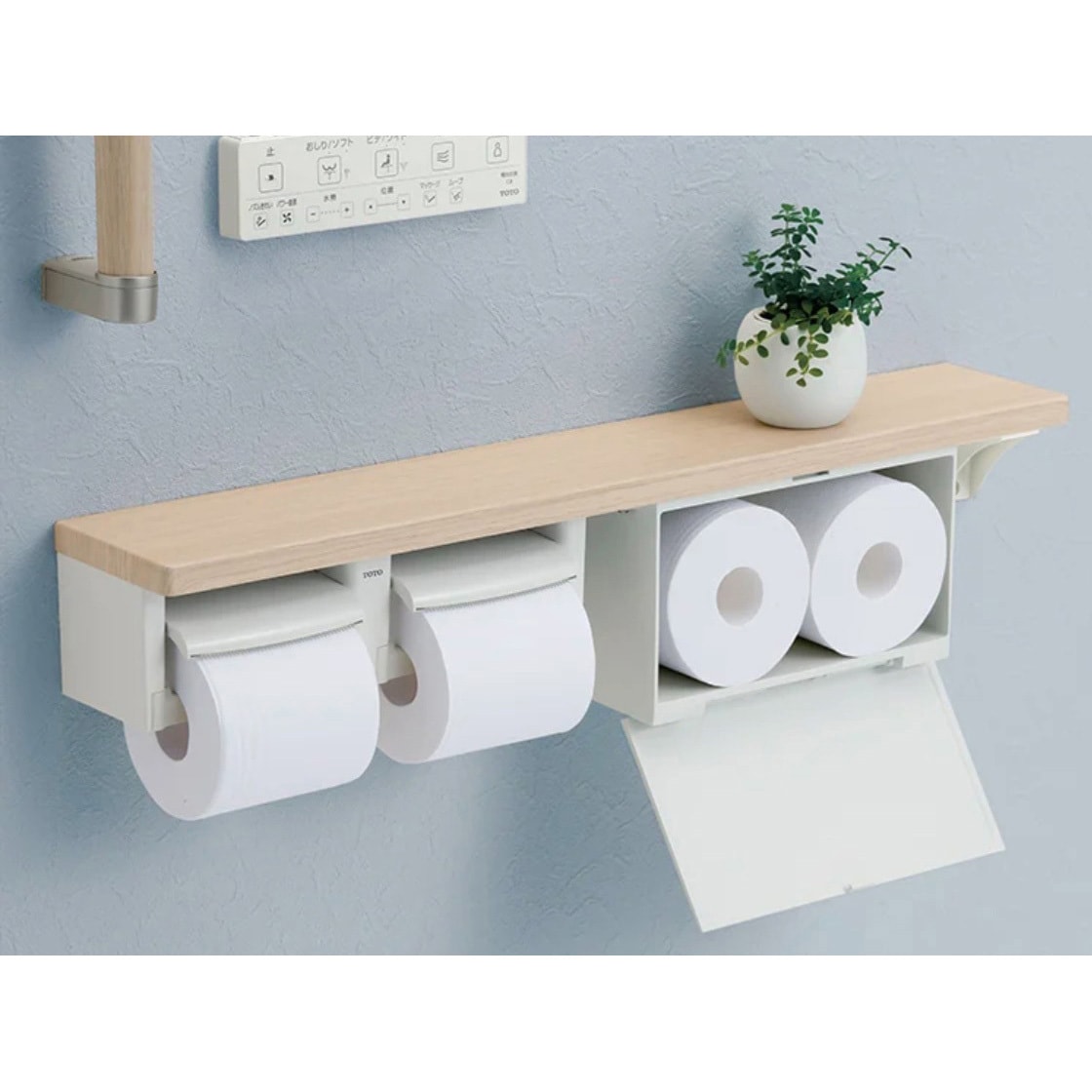 TOTOトイレットペーパーホルダー＆収納棚ユニット　手すり付き TOTO YHB63NB#EL 木製手すり 紙巻器一体型 棚タイプ(収納付
