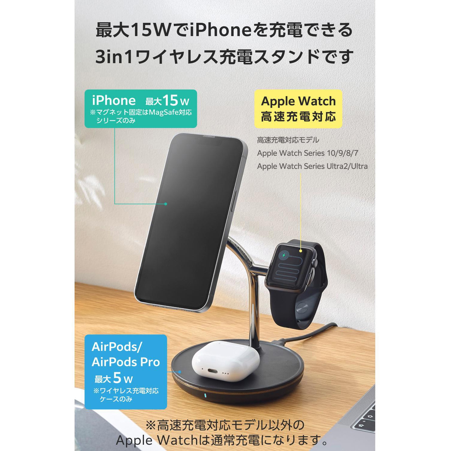 EC-MS07BK ワイヤレス充電器 15W出力 マグネット式 充電スタンド 3in1 