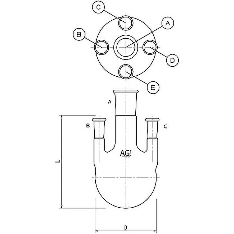 3122-500-4L1L 五ツ口フラスコ 500mL 3122-500シリーズ 旭製作所 摺合せ24/40・15/25