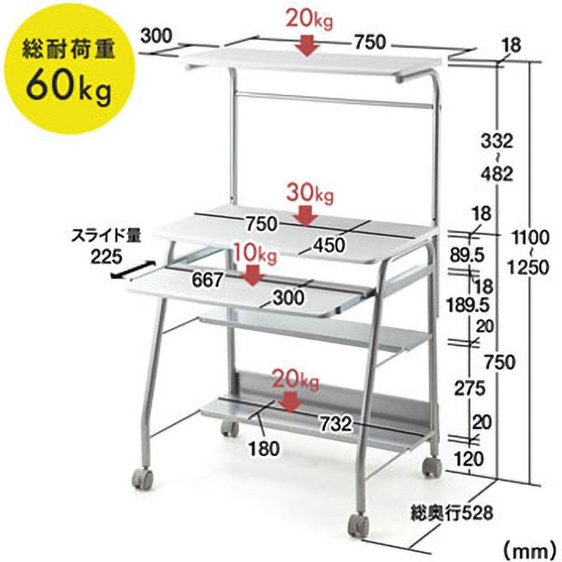 100-DESK017WN パソコンデスク サンワダイレクト キャスターあり 間口