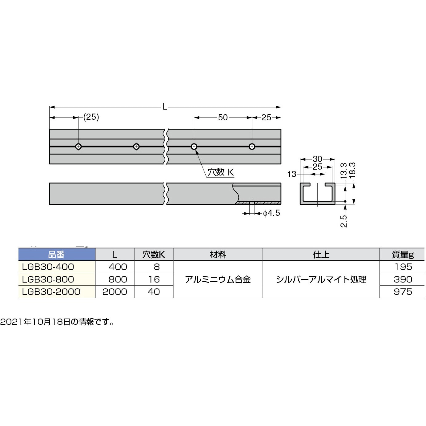 LGB30-400 ガイドレール LAMP(スガツネ工業) 幅30mm高さ18.3mm LGB30