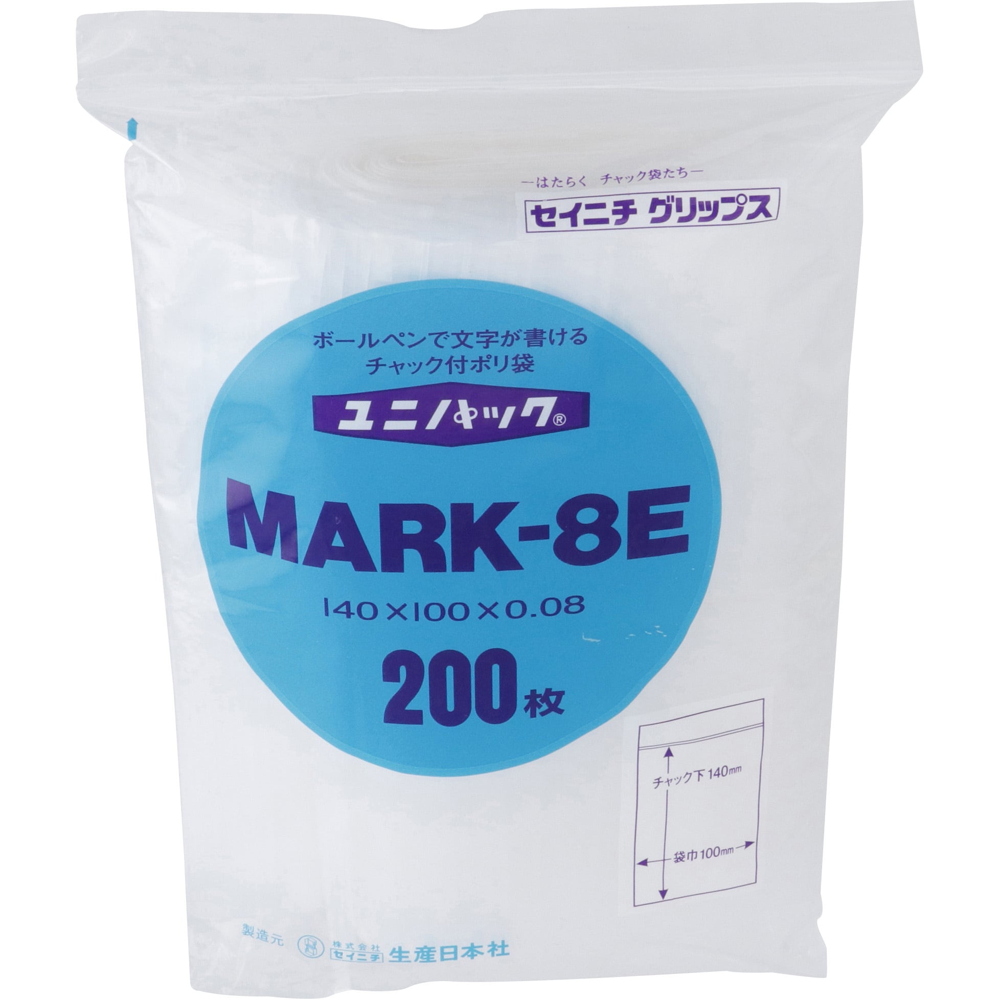 Mark8e ユニパック チャック付ポリ袋 マーク セイニチ 生産日本社 寸法 幅 チャック下 100 140 Mm Mark8e 1袋 0枚 通販モノタロウ