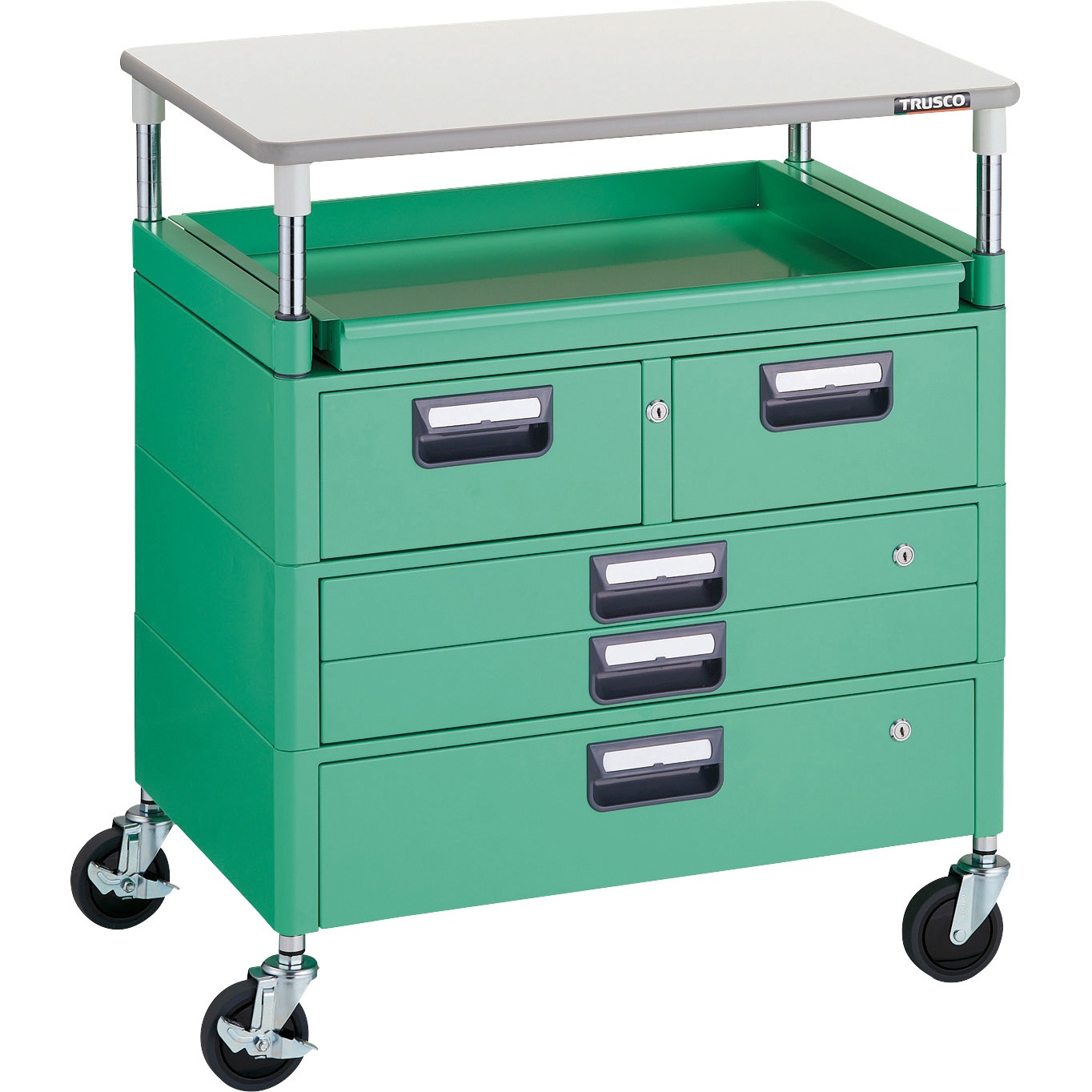 PEW-970M1VXWT-YG フェニックスワゴン(省音タイプ・1段・2段・2列引出し付・スライド棚1段・天板あり) TRUSCO ヤンググリーン色 高さ899mm間口750mm奥行500mm  PEW-970M1VXWT-YG