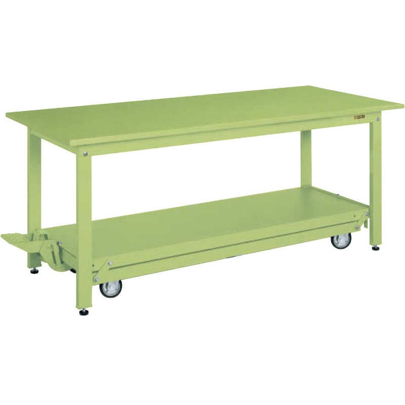 軽量作業台ＫＫタイプ（ペダル昇降移動式） KK-127S 軽量作業台(KK⁄350kg⁄スチール天板⁄H740⁄ペダル昇降移動式) サカエグリーン色 間口1200mm奥行750mm KK-127S