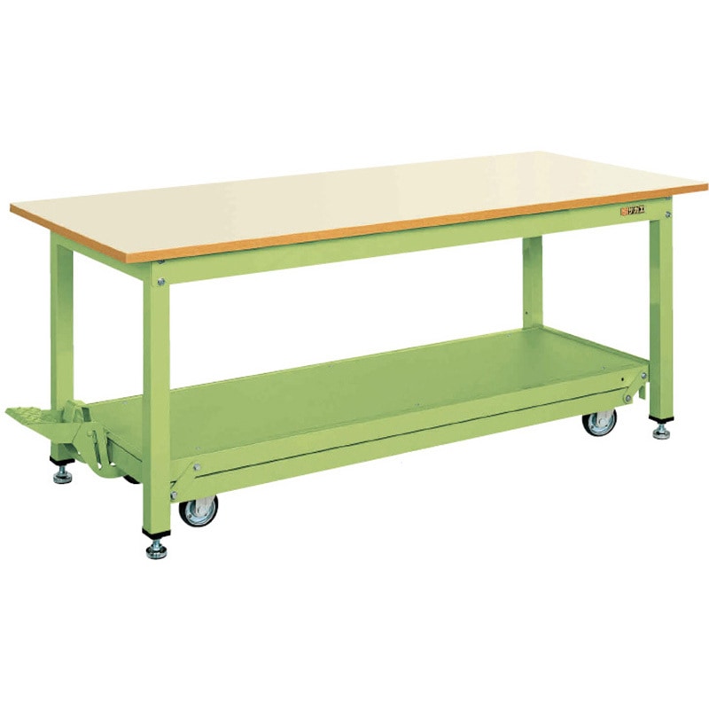 KT-189IG 中量作業台(KT/耐荷重800kg/メラミン天板/H740/ペダル昇降移動式) サカエ サカエグリーン色 間口1800mm奥行900mm  KT-189IG