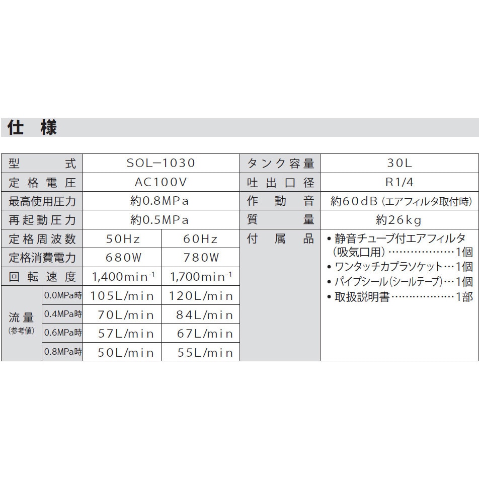 静音オイルレスエアコンプレッサ 周波数50/60Hz タンク容量30L SOL-1030