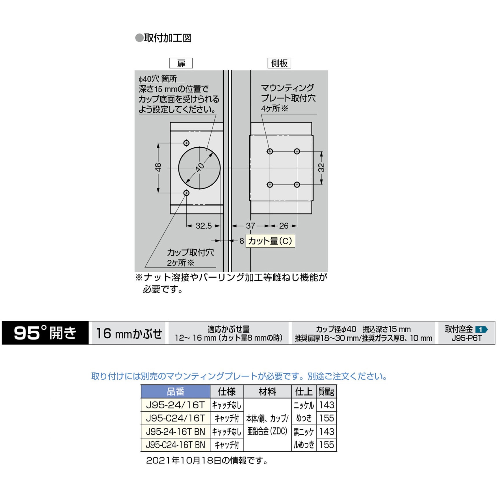 J95-C24/16T 重量用ワンタッチスライド丁番 J95 1個 LAMP