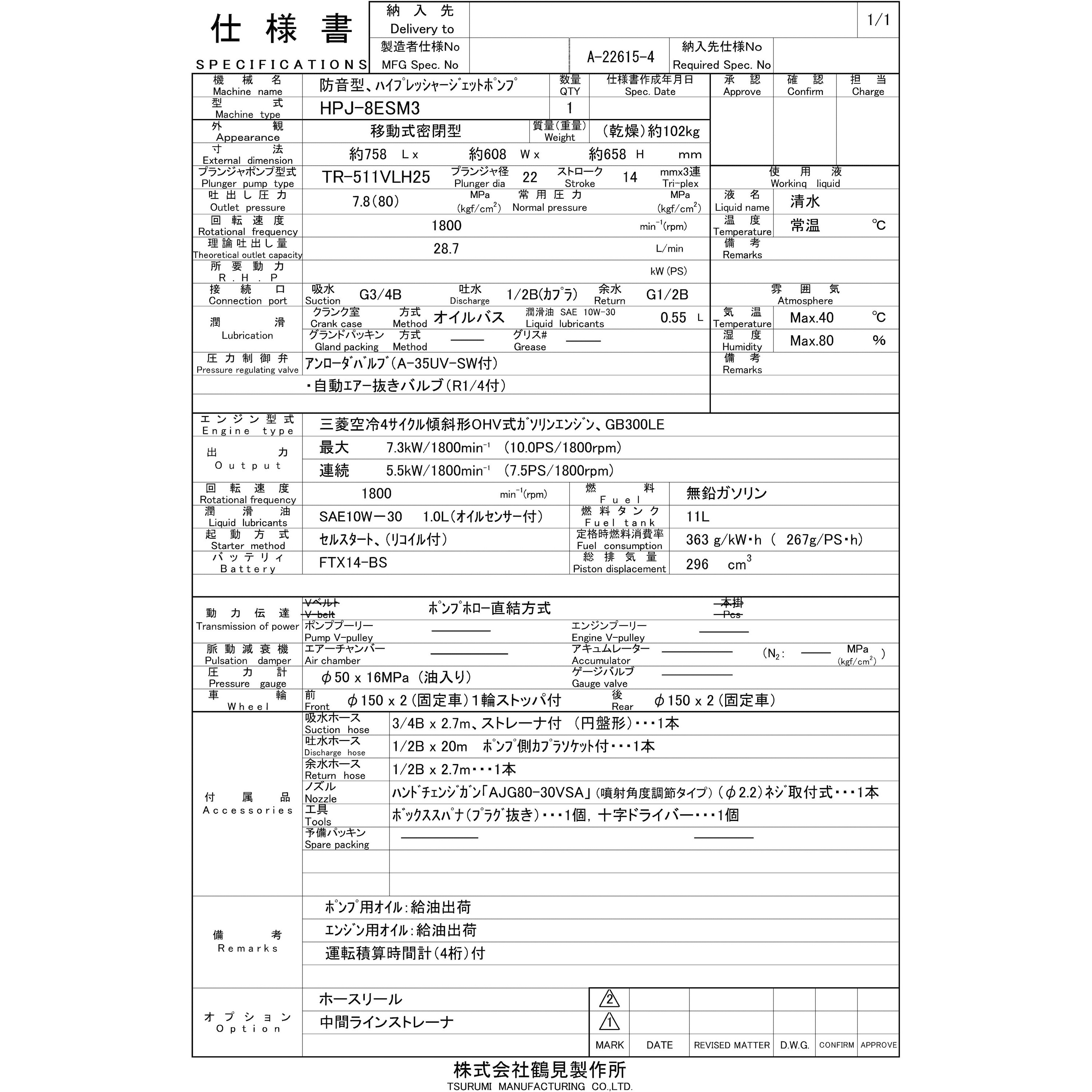 HPJ-8ESM3 高圧洗浄機 (エンジン駆動・防音タイプ) HPJ型 鶴見製作所