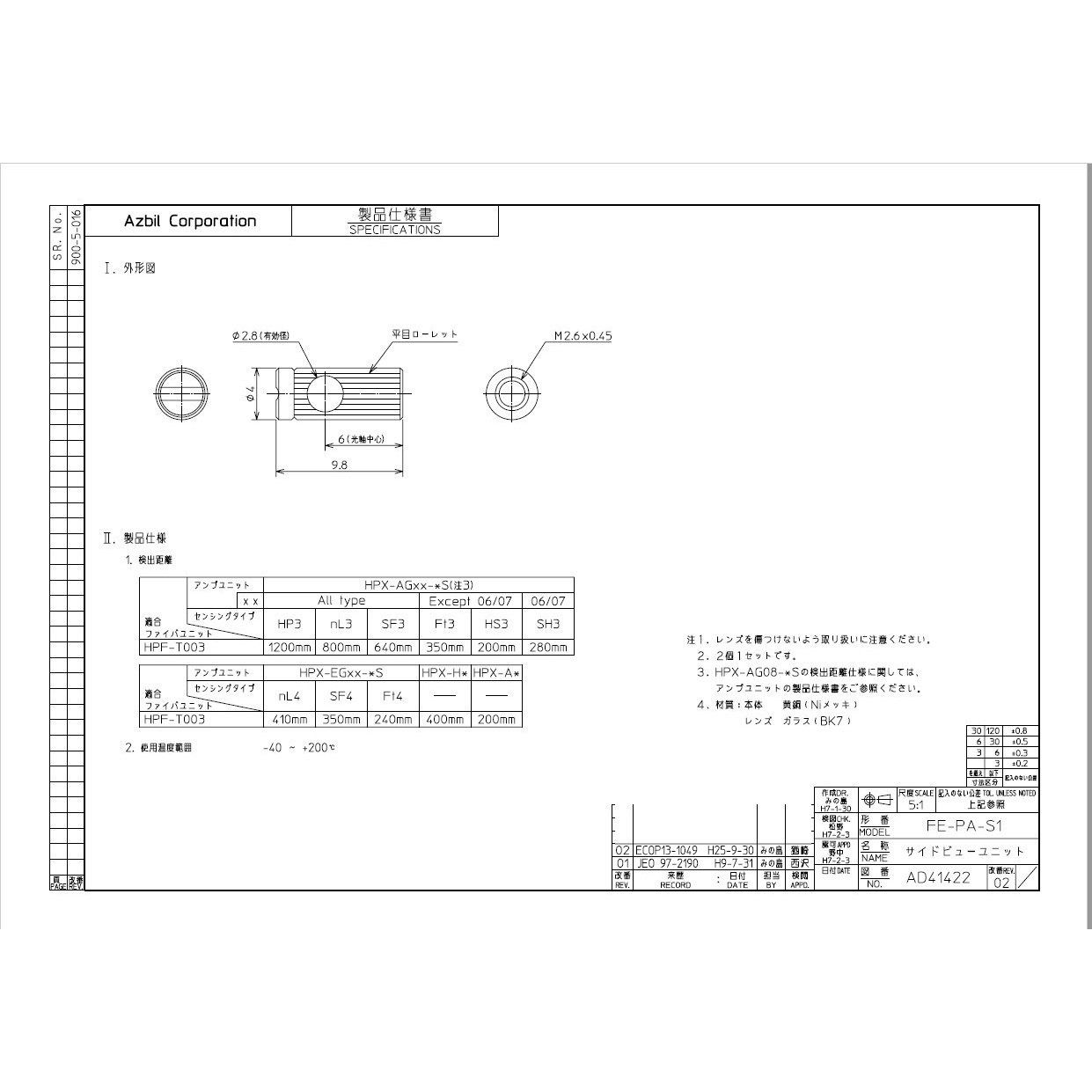 FE-PA-S1 ファイバユニット HPF シリーズ用レンズユニット azbil(山武 