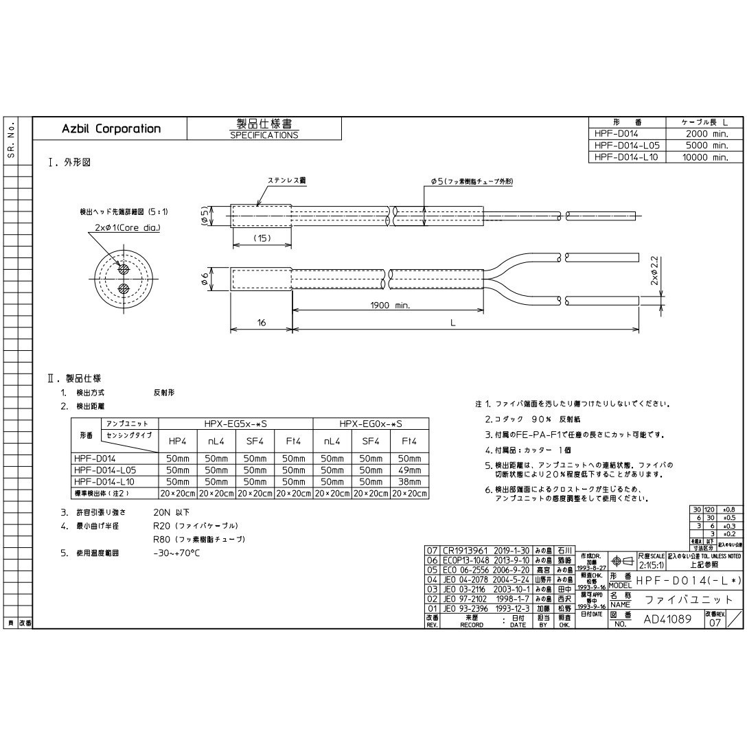 HPF-D014 ファイバユニット HPF シリーズ azbil(旧:山武) 反射形 コード長2m