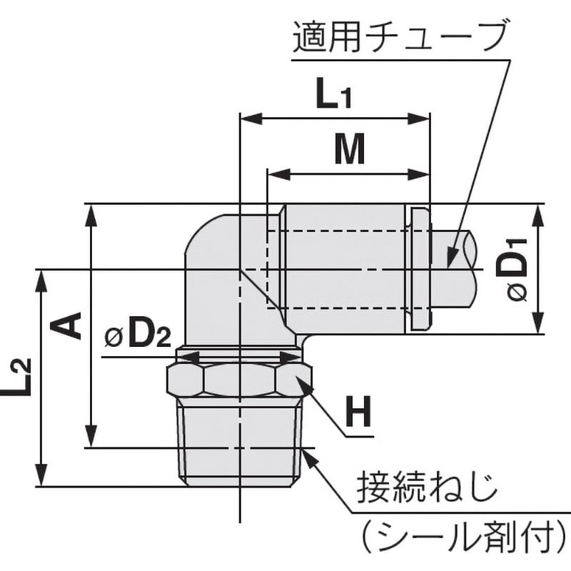 エルボユニオン KQ2L (シール剤付) ミリサイズ ねじの種類RRc 適合チューブ外径4mm 1個