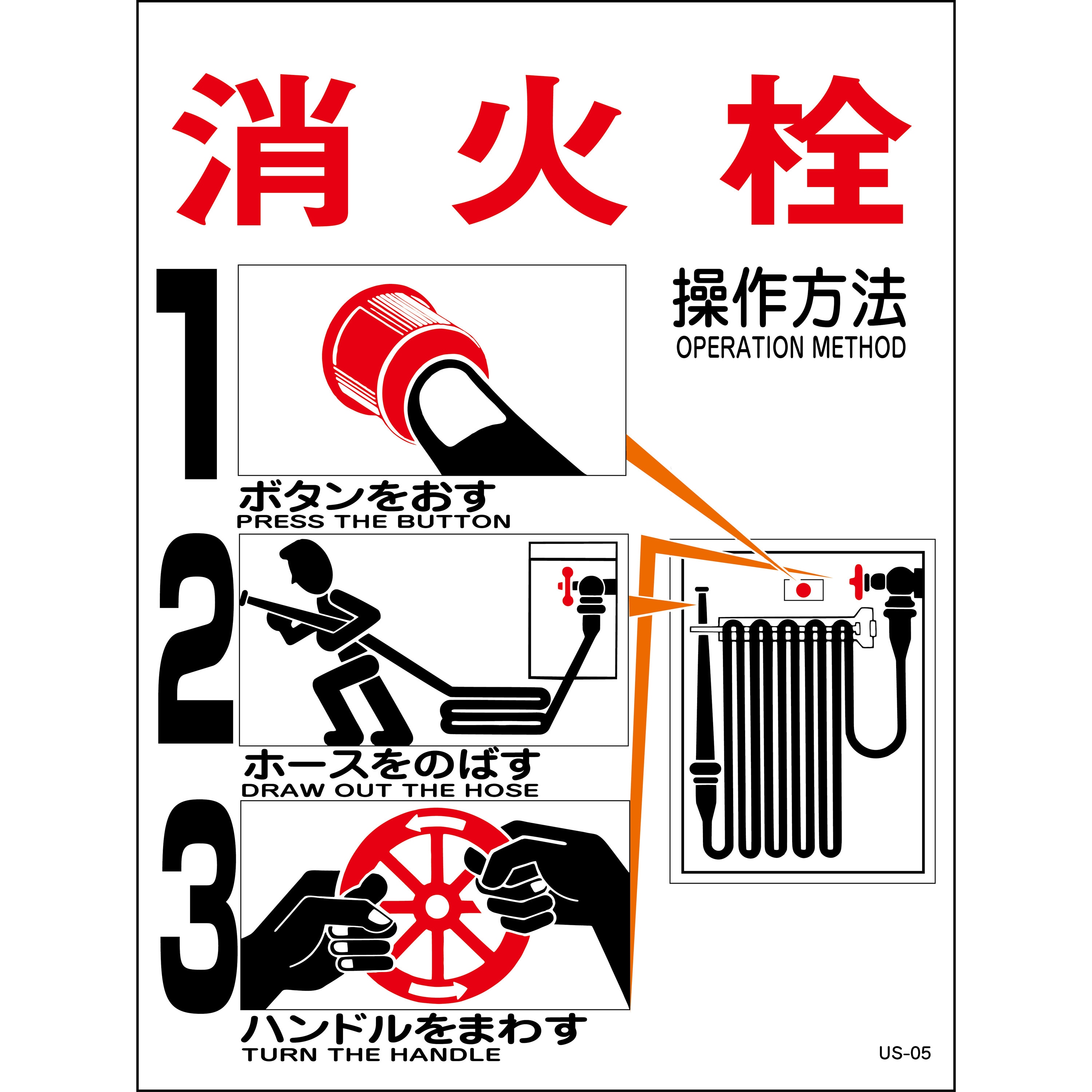 US-05 消火栓使用法ステッカー 山陽商会(AMENITY COX) 寸法400×310mm