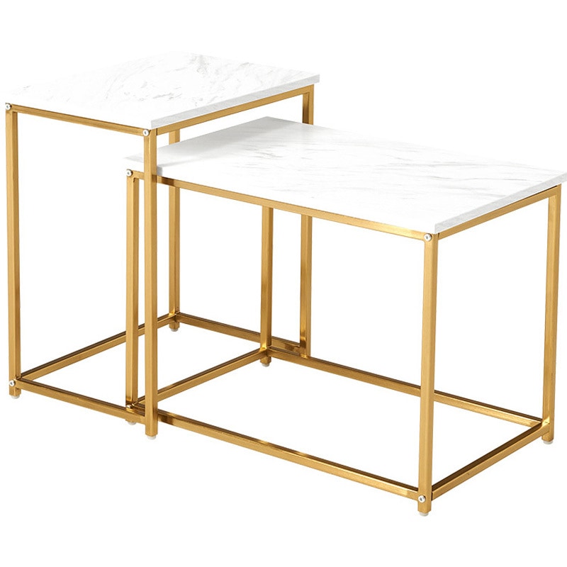 LST-4616-MWH 大理石調 ゴールドフレーム ネストサイドテーブル 角型 萩原 1台(1台) LST-4616-MWH