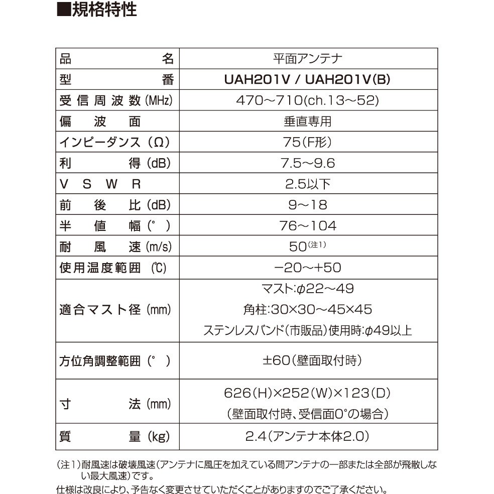 UAH201V(B) アンテナ 屋外用 UHF平面アンテナ 地上デジタル 強電界・中電界地用 垂直偏波専用 八木式アンテナ20素子相当 1台  DXアンテナ 【通販モノタロウ】