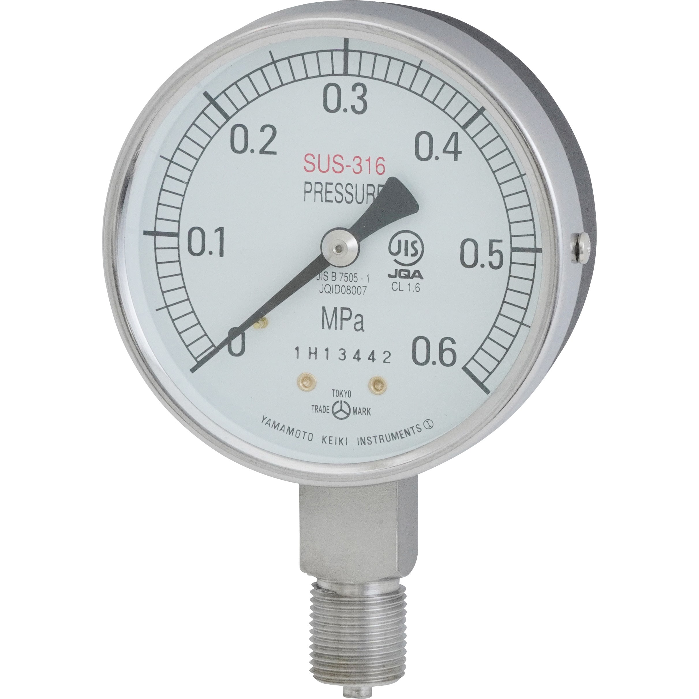 AT 3/8G 75×0.6MPA SUS圧力計 316(立形・つばなし) 1台 山本計器