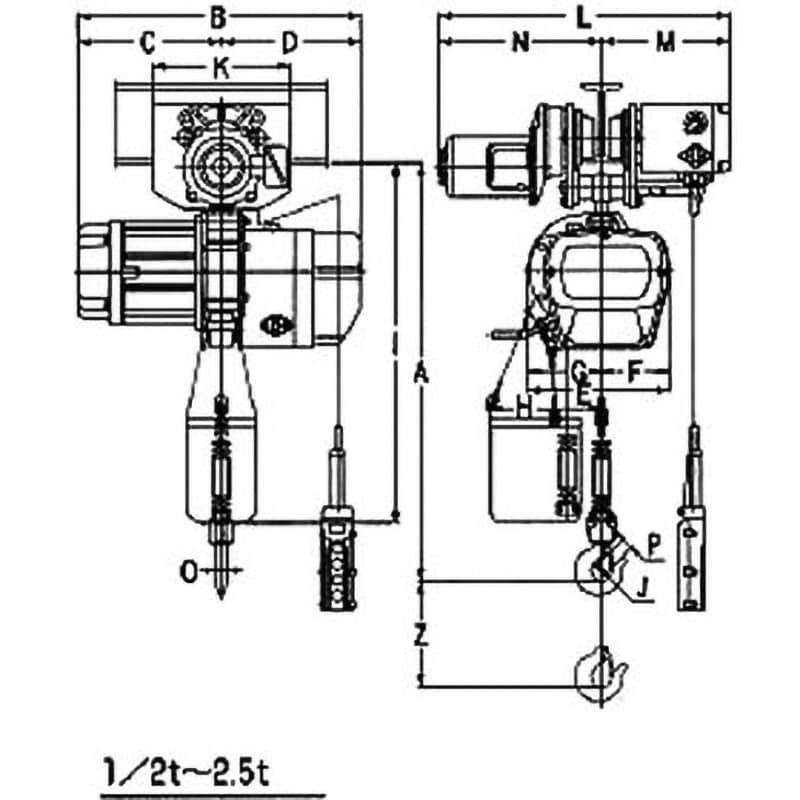 電気トロリ付電気チェーンブロック(3相200V) 揚程4m 荷重2.5t 掛数1本