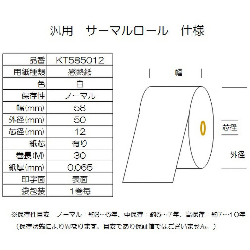 KT585012 サーマルロール紙 幅58mm 外径50mm コウナン 感熱紙 白色 1箱